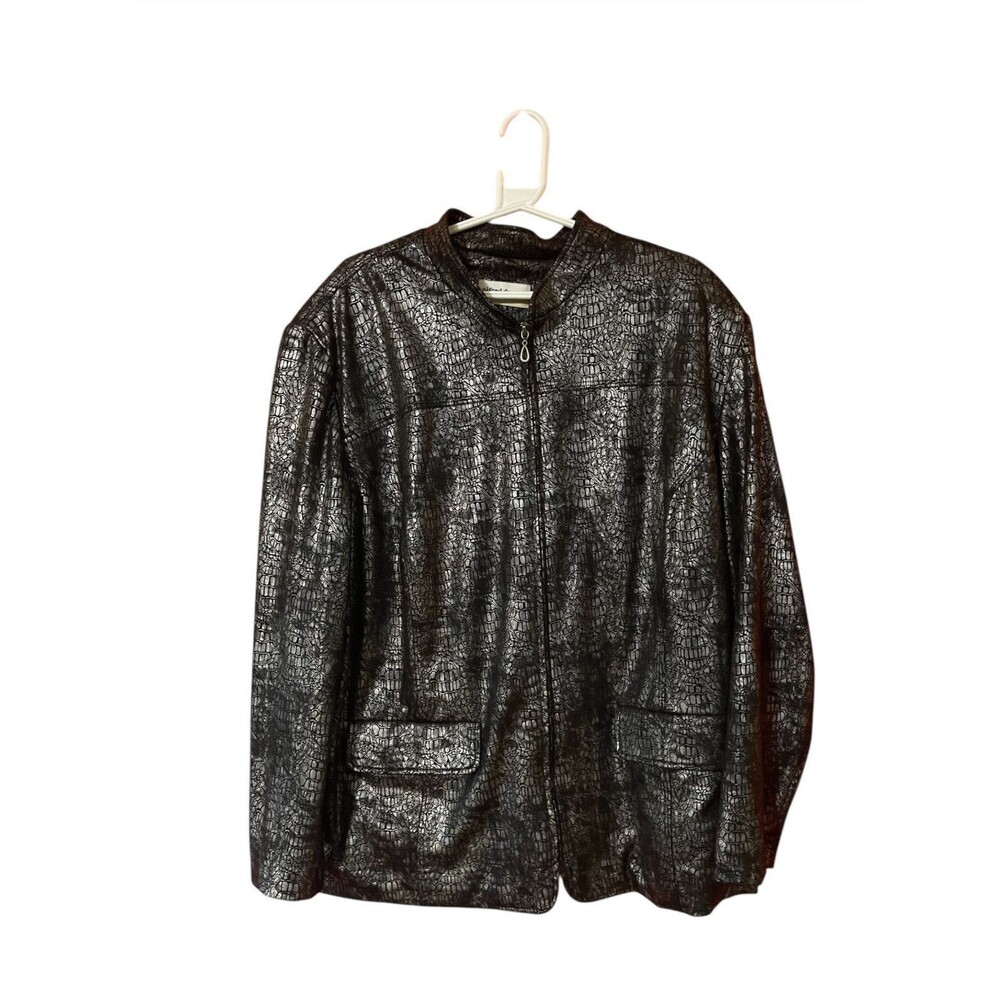 Alfred Dunner Women’s Jacket 24W Black Reptile Print Zip Up Plus Size Metallic